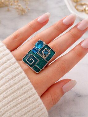 Art Deco-Inspired Bold Geometric Teal & Blue Gemstones Adjustable Band Ring